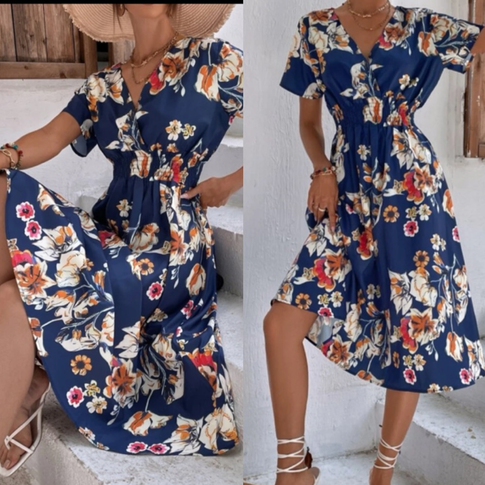 Boho floral print shirred waist A line dress